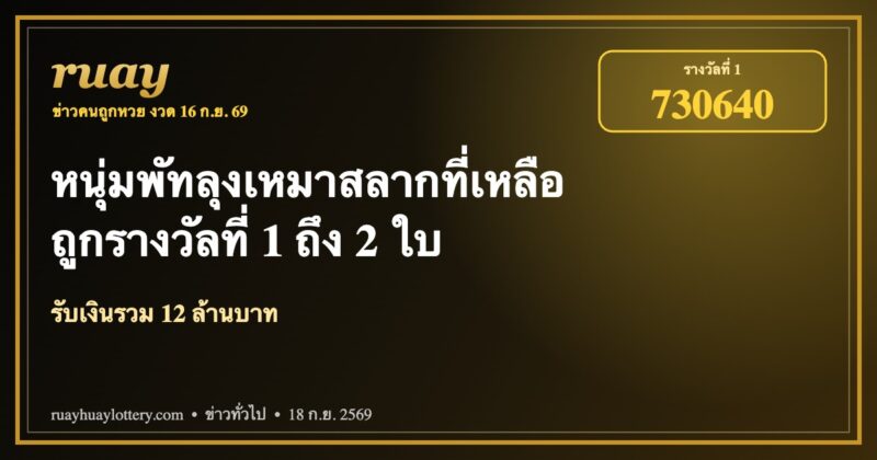 ถูกรางวัลที่ 1 พัทลุง งวด 16 ก.ย. 69 เลข 730640 รับ 12 ล้าน | ruayhuaylottery.com