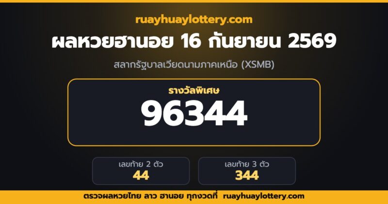 ผลหวยฮานอย 16 กันยายน 2569 รางวัลพิเศษ 96344 เลขท้าย 2 ตัว 44 โดย ruayhuaylottery.com