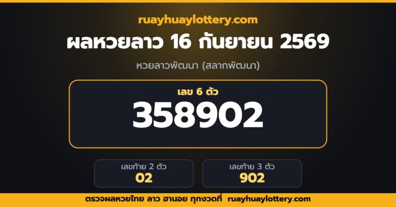 ผลหวยลาว 16 กันยายน 2569 เลข 6 ตัว 358902 เลขท้าย 2 ตัว 02 โดย ruayhuaylottery.com