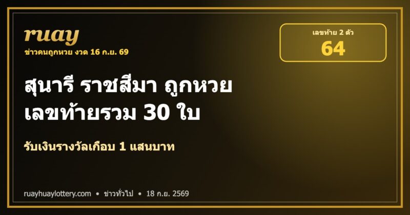 สุนารี ถูกหวย งวด 16 ก.ย. 69 เลขท้าย 30 ใบ | ruayhuaylottery.com